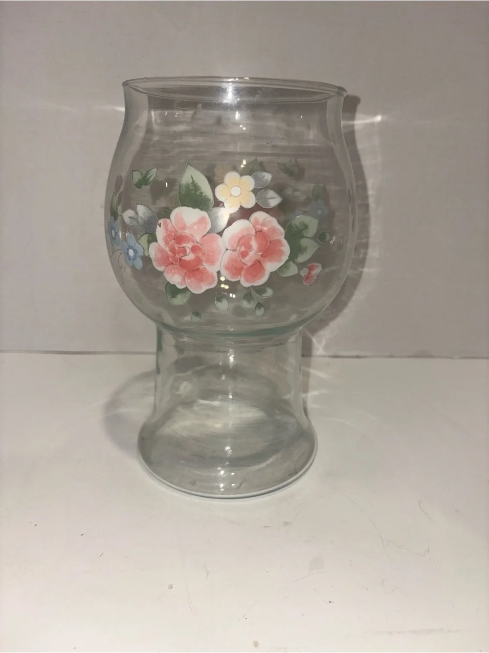 Pfaltzgraff Clear Glass Vase with Pink Rose Floral Motif